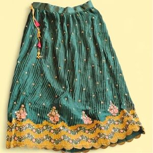 Elegant Green and Gold Embroidered A-Line Skirt